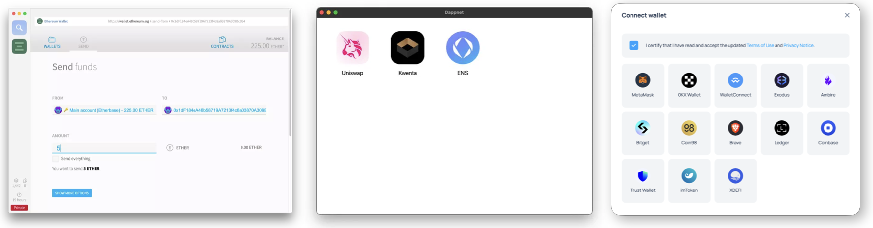 Three historical attempts at self-sovereign dapp browsers: Mist, Dappnet, and browser extension wallets